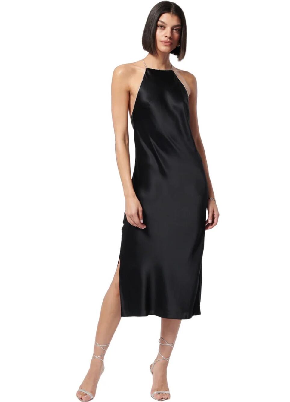 CAMI NYC Diandra XXS Black 100% Silk Rhinestone Crystal Open Back Slip Dress